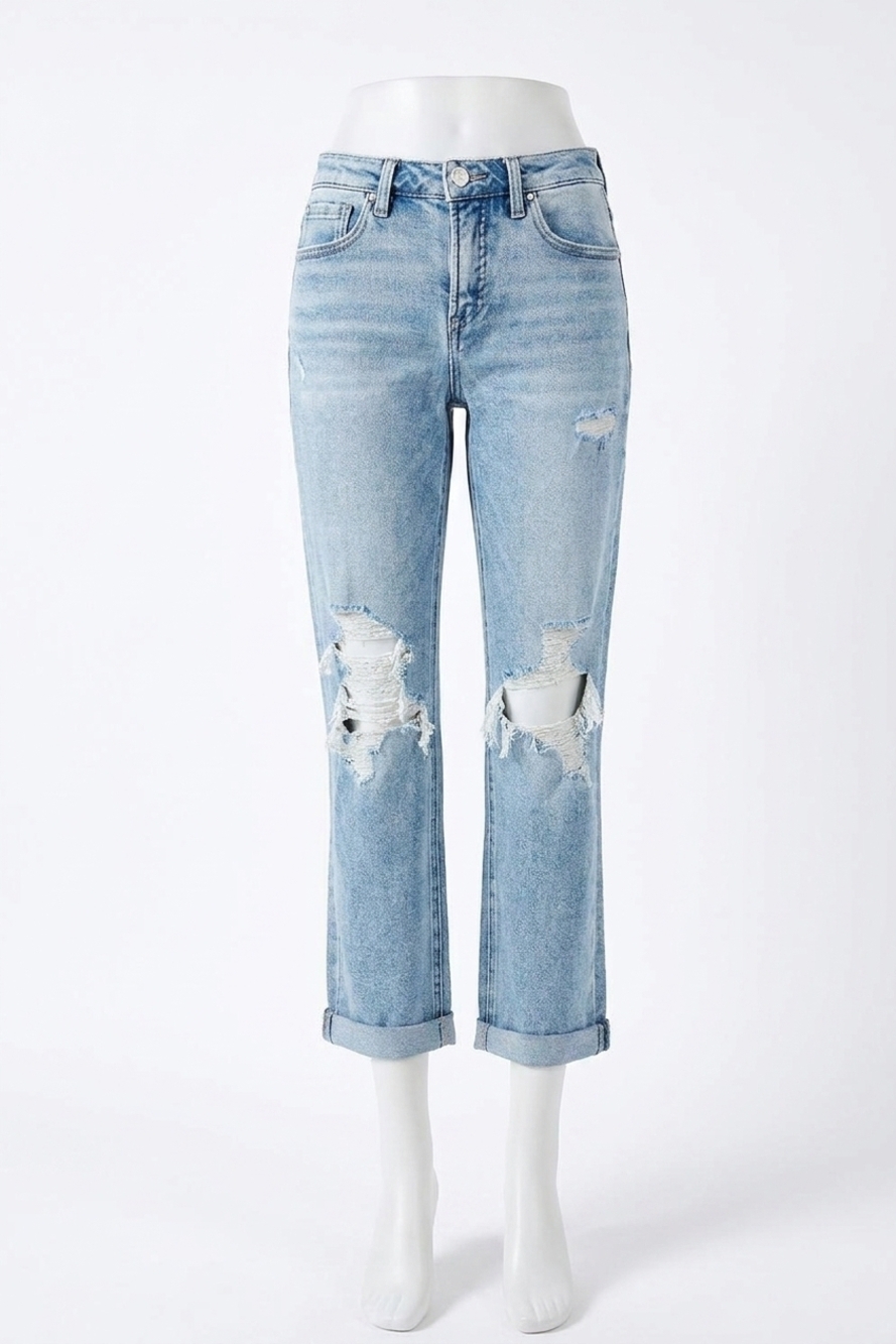 NEW RISEN tummy control high rise straight double roll up jeans in blue